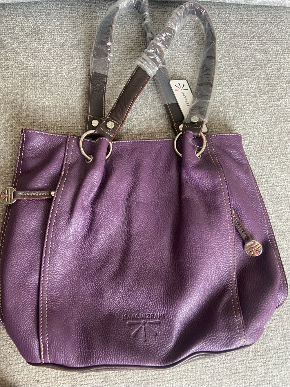 Isaac Mizrahi Purple Pebbled Leather Shoulder Bag with Brown Handles